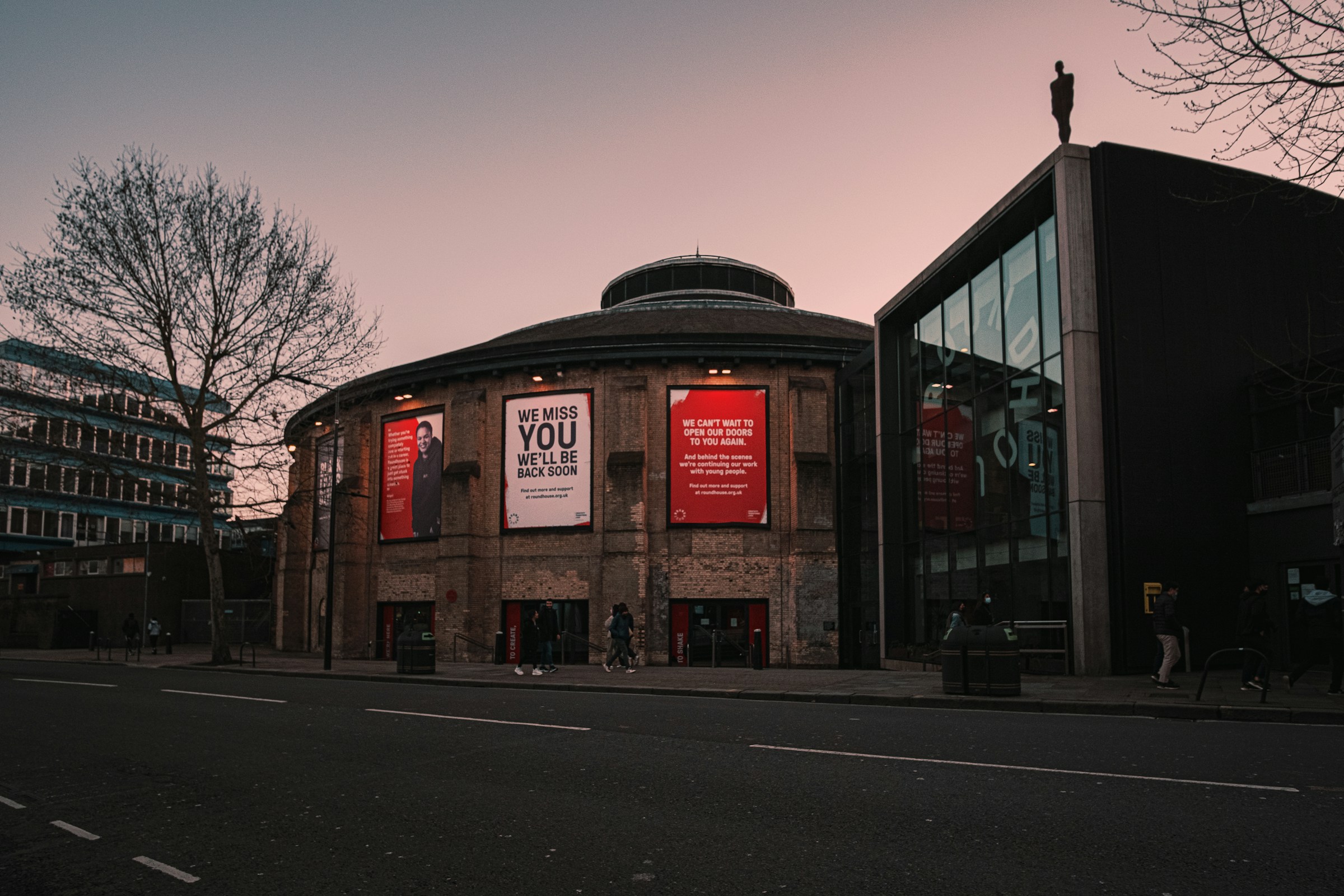The exterior of the Camden Roundhouse at night