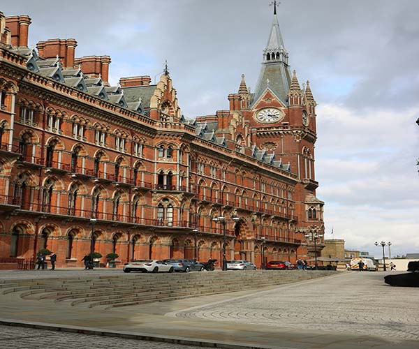 The grand exterior of St. Pancras International Station and the Renaissance Hotel