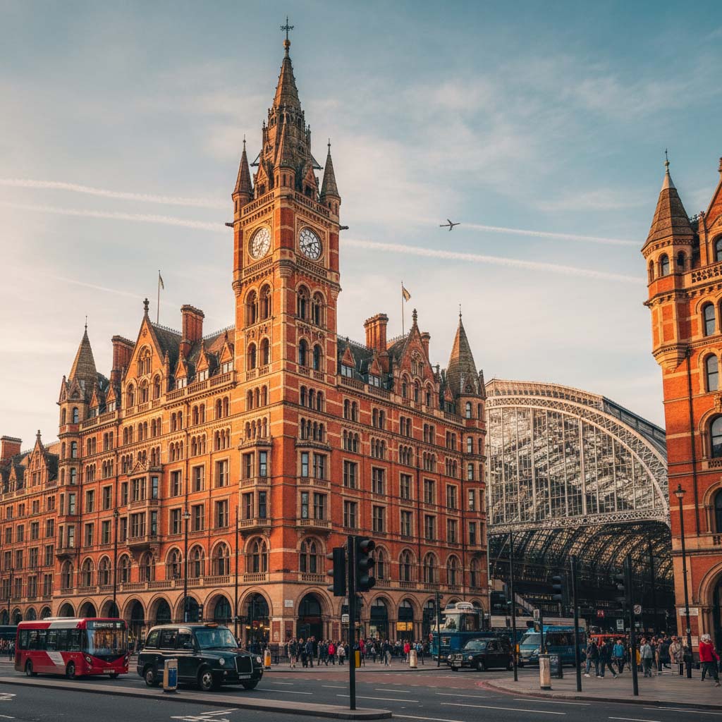 The grand exterior of St. Pancras International Station and the Renaissance Hotel