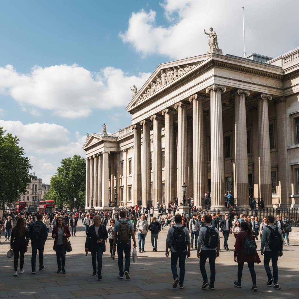 The grand facade of The British Museum