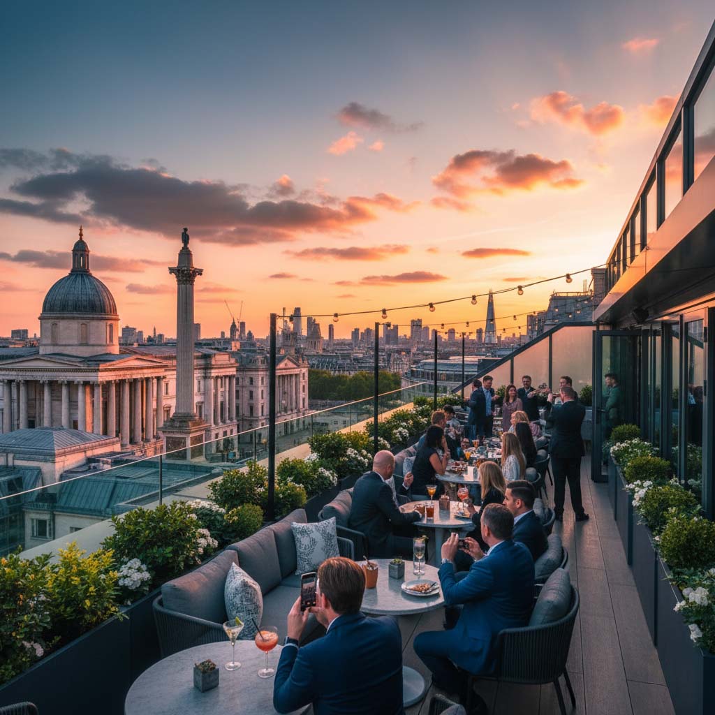 The Rooftop at The Trafalgar St. James overlooking Trafalgar Square at night